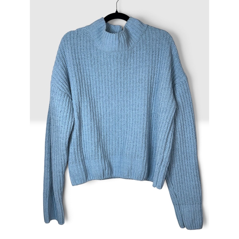 Double Zero Womens L Powder Blue Chenille Mock Neck Sweater Chunky Rib Knit